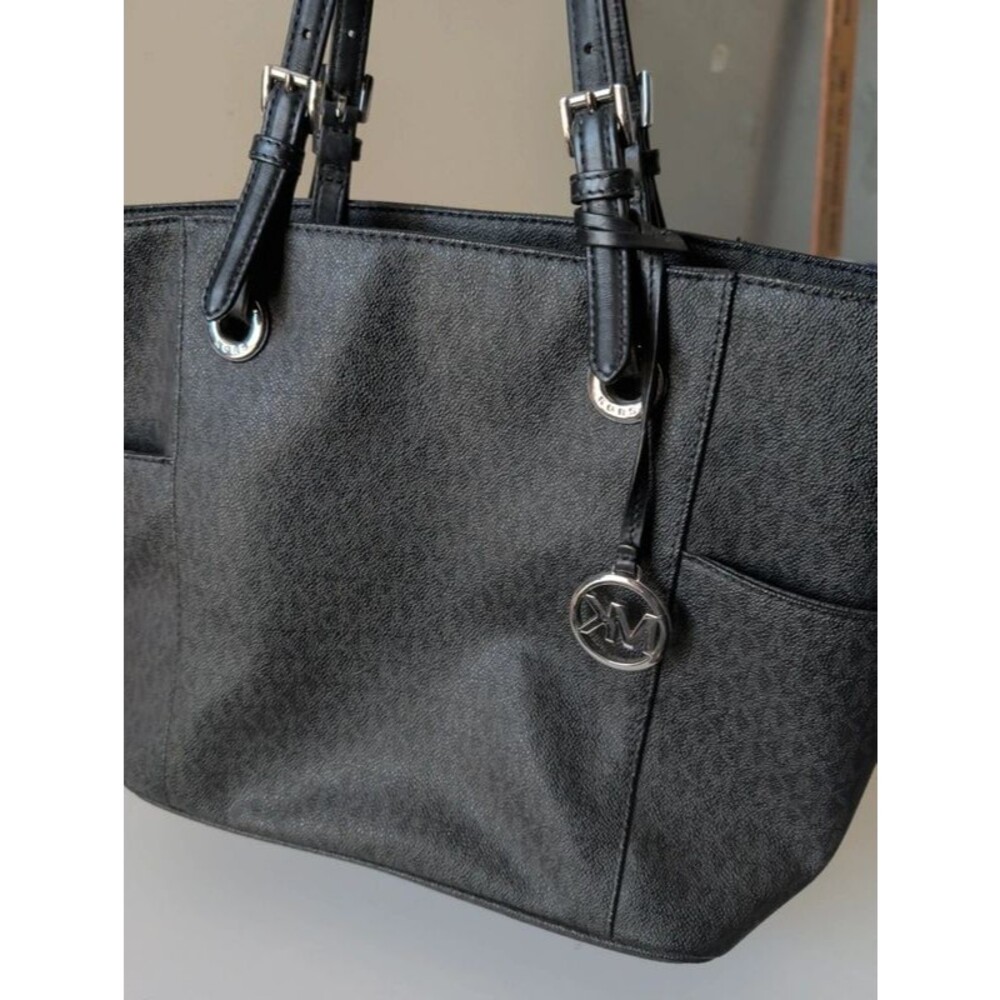 Michael Kors Jet Set Item Tote Black MK Signature Silver Hardware